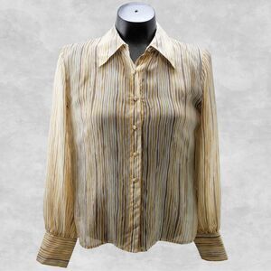 Talbots 100% Silk Blouse Women's Size 4 Beige Gold Striped Sheer Button Front
